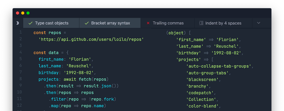 Screenshot of the demo JS to PHP data conversion website
