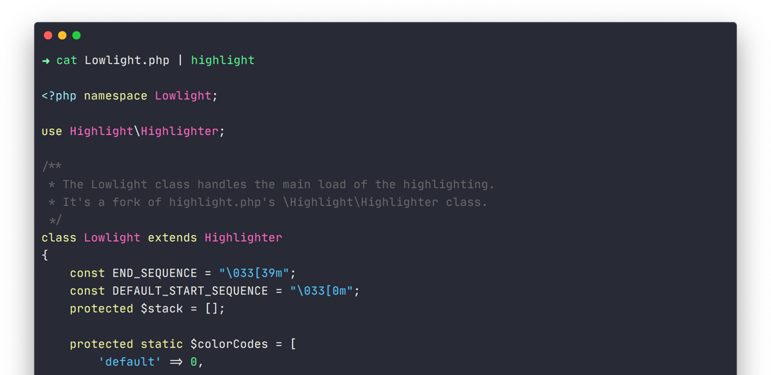 Screenshot of the Lowlight.php source code, highlighted with Lowlight