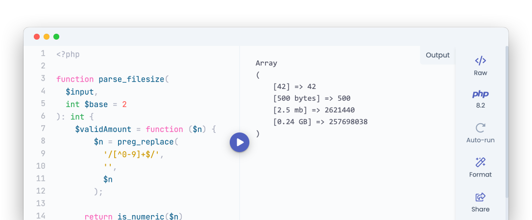 Screenshot of the PHP Arena app with some PHP code on the left and the evaluated output on the right